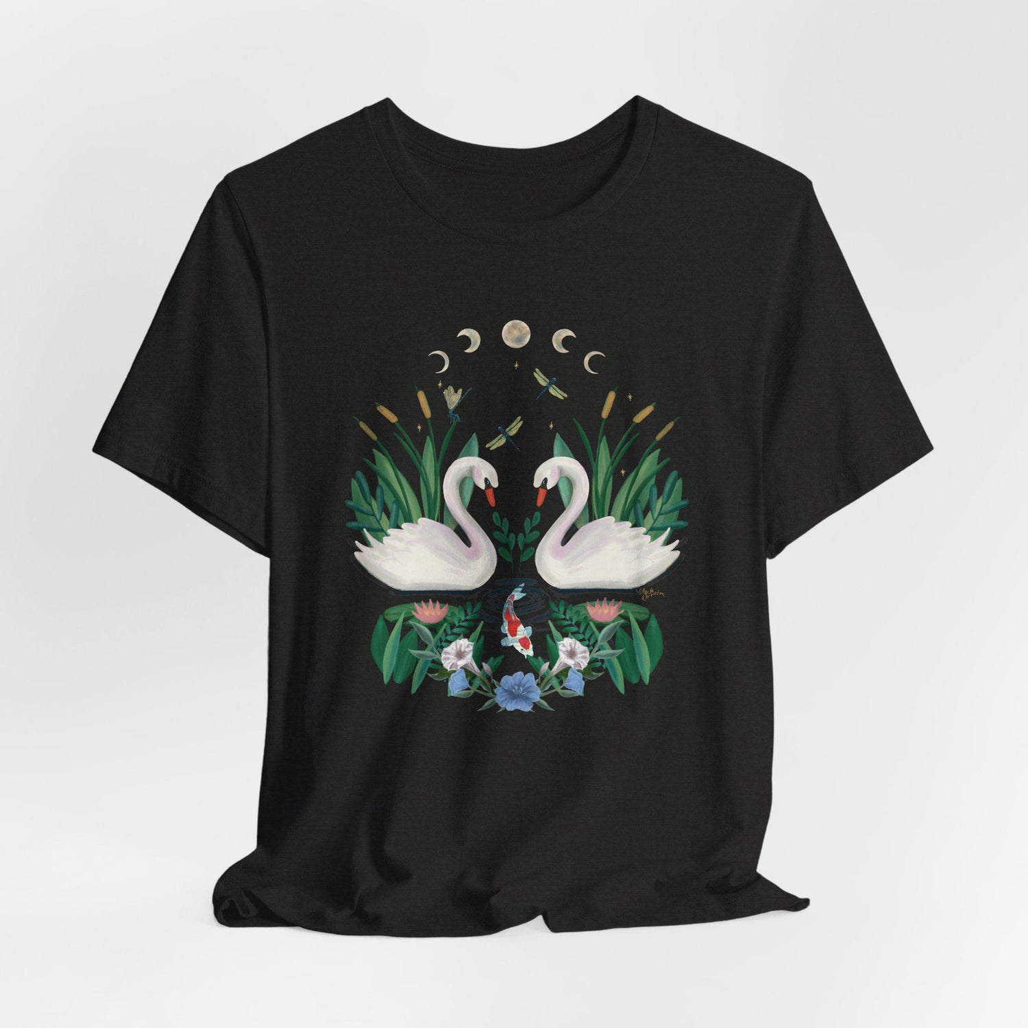 Swan Graphic Tee - Floral Moon Design, Nature Lover Unisex Shirt