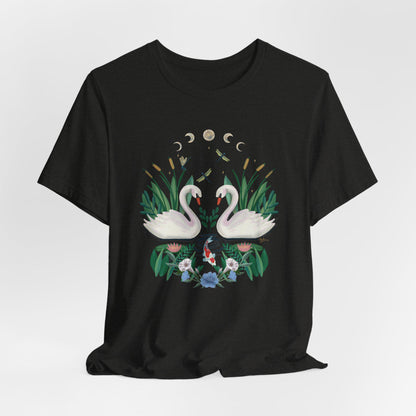 Swan Graphic Tee - Floral Moon Design, Nature Lover Unisex Shirt