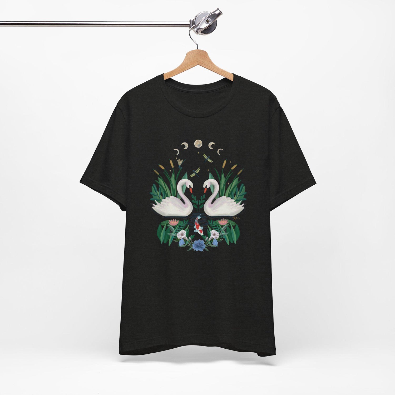 Swan Graphic Tee - Floral Moon Design, Nature Lover Unisex Shirt