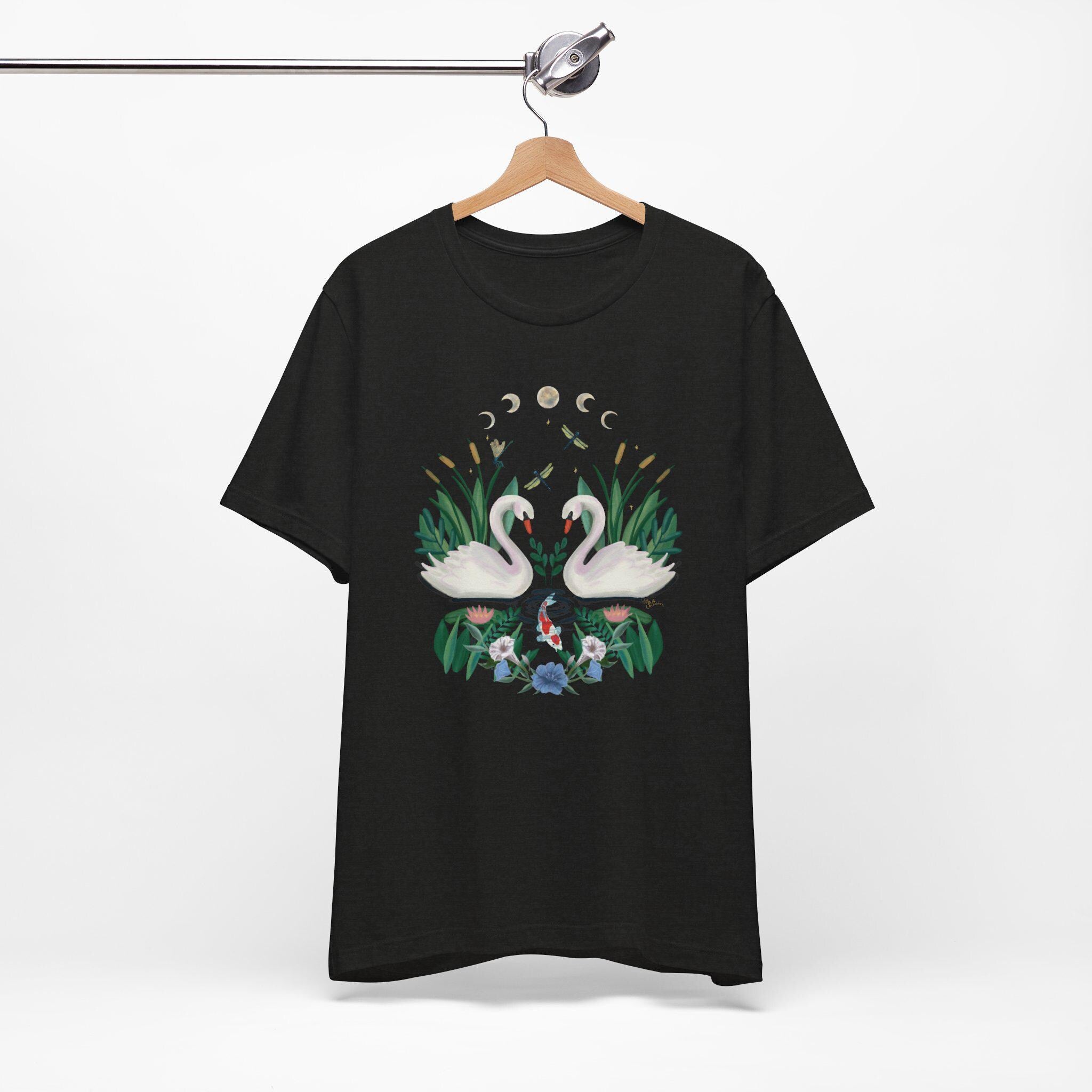 Swan Graphic Tee - Floral Moon Design, Nature Lover Unisex Shirt