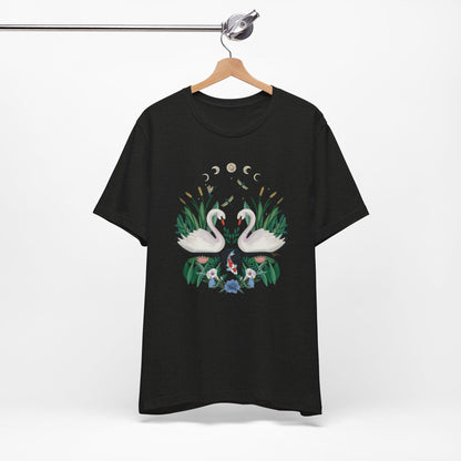 Swan Graphic Tee - Floral Moon Design, Nature Lover Unisex Shirt