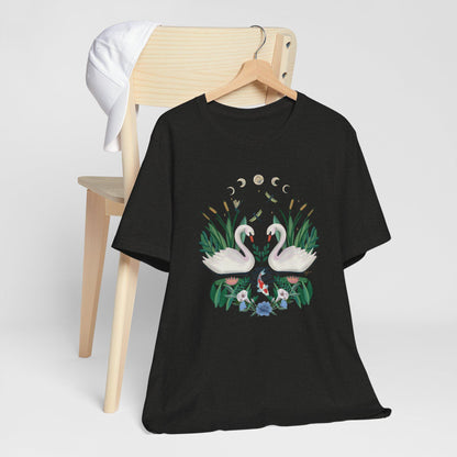 Swan Graphic Tee - Floral Moon Design, Nature Lover Unisex Shirt