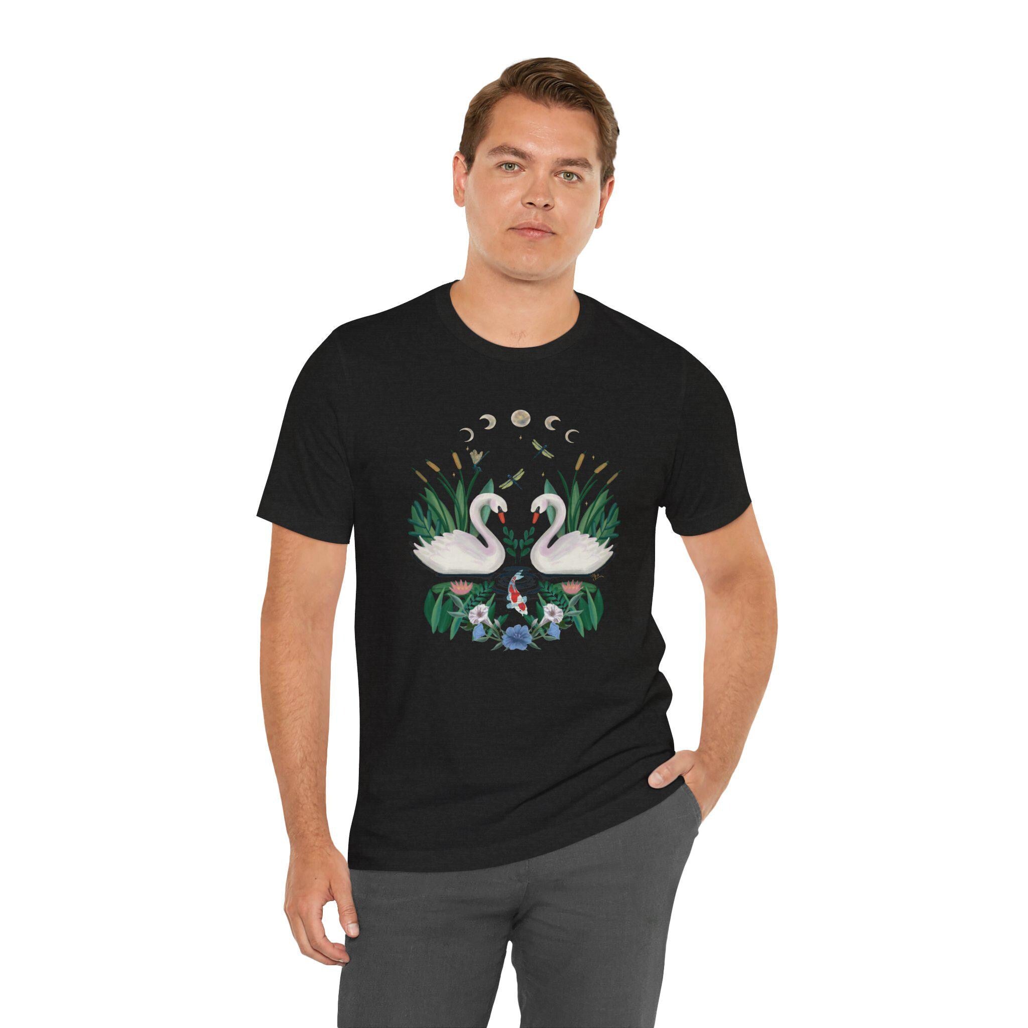 Swan Graphic Tee - Floral Moon Design, Nature Lover Unisex Shirt