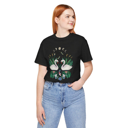 Swan Graphic Tee - Floral Moon Design, Nature Lover Unisex Shirt