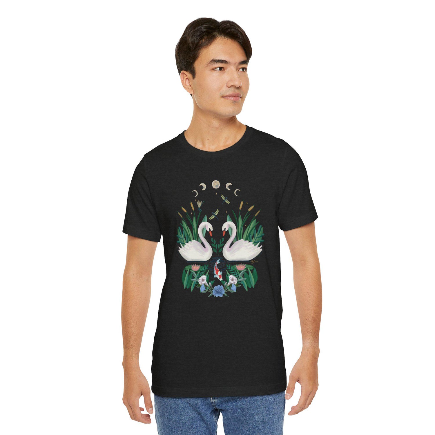 Swan Graphic Tee - Floral Moon Design, Nature Lover Unisex Shirt