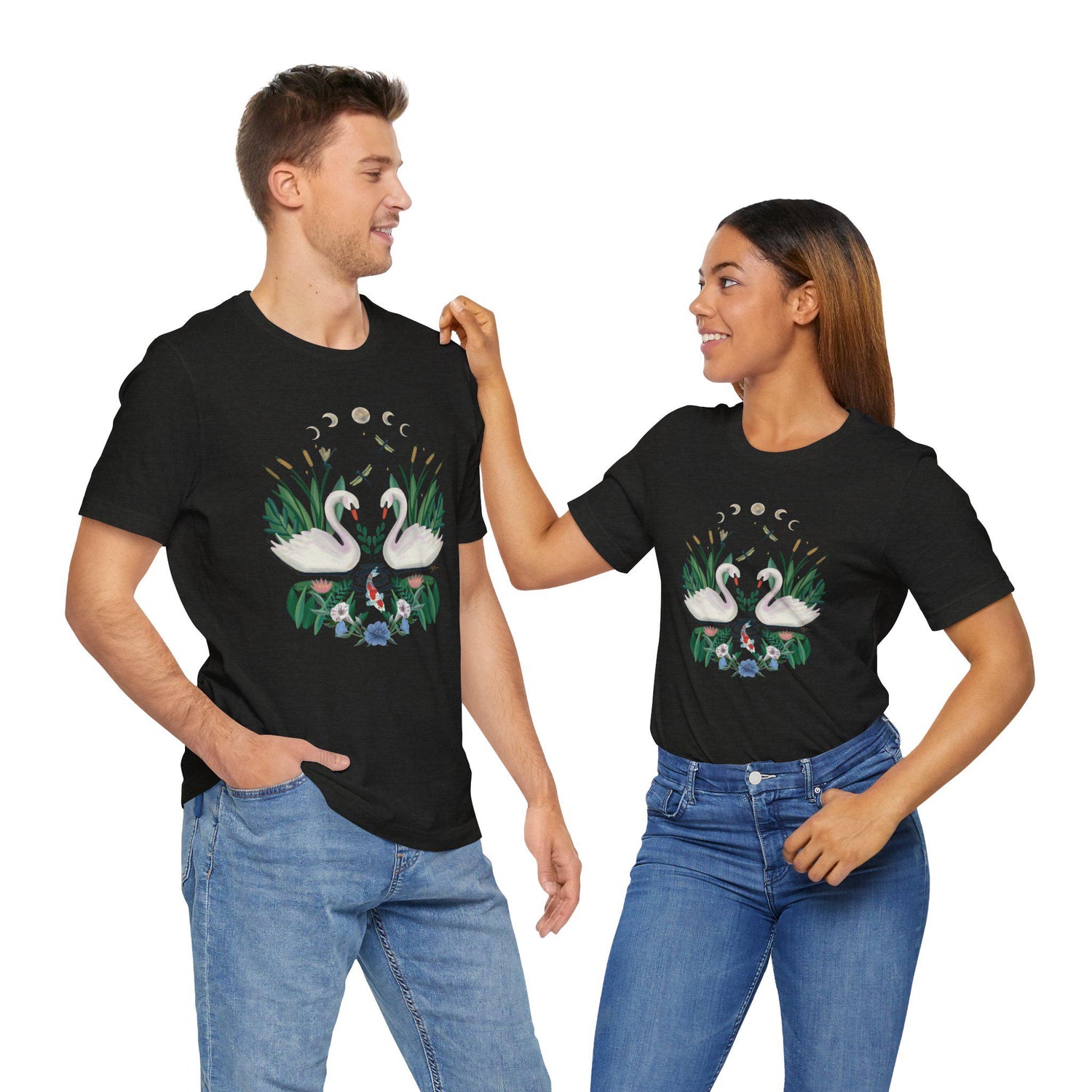 Swan Graphic Tee - Floral Moon Design, Nature Lover Unisex Shirt