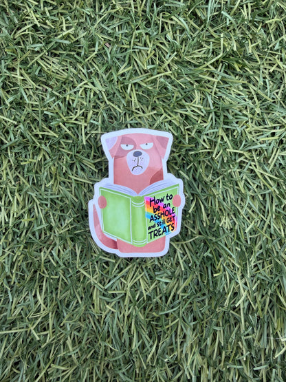 Funny Grumpy Dog Sticker | Dog Mom Humor Vinyl Decal | Pet Attitude Sticker “How to Get Treats” | Bookish Dog Lover Gift | 2” or 3”