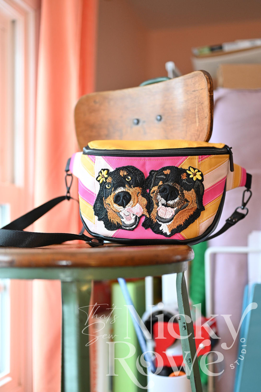 Custom Pet Portrait Crossbody Bag – Embroidered Patchwork Canvas, Retro Colors - HANDMADE, NO AI