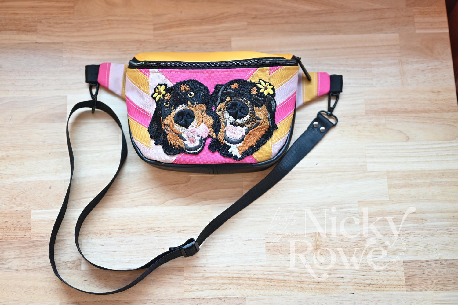 Custom Pet Portrait Crossbody Bag – Embroidered Patchwork Canvas, Retro Colors - HANDMADE, NO AI