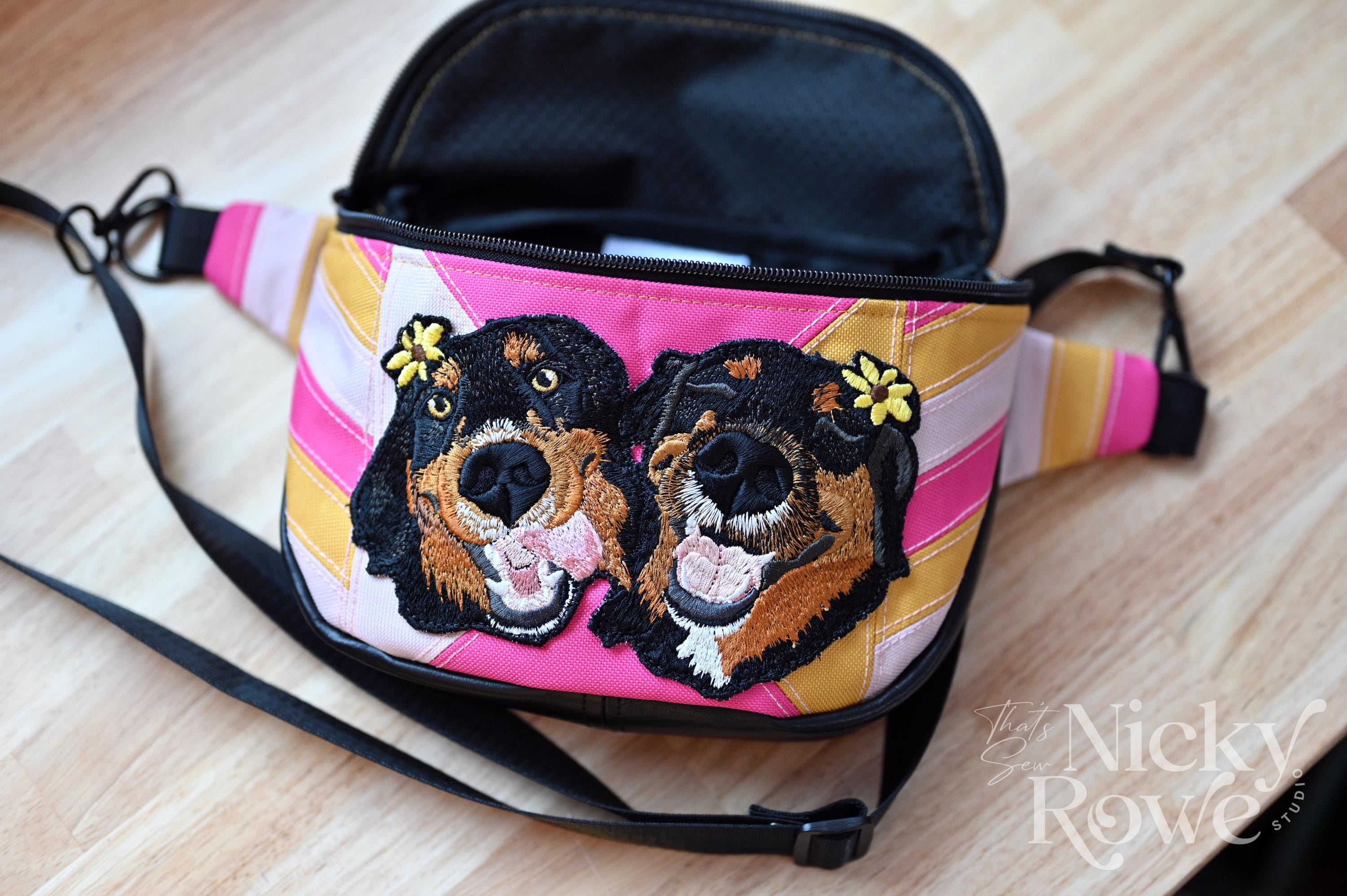 Custom Pet Portrait Crossbody Bag – Embroidered Patchwork Canvas, Retro Colors - HANDMADE, NO AI