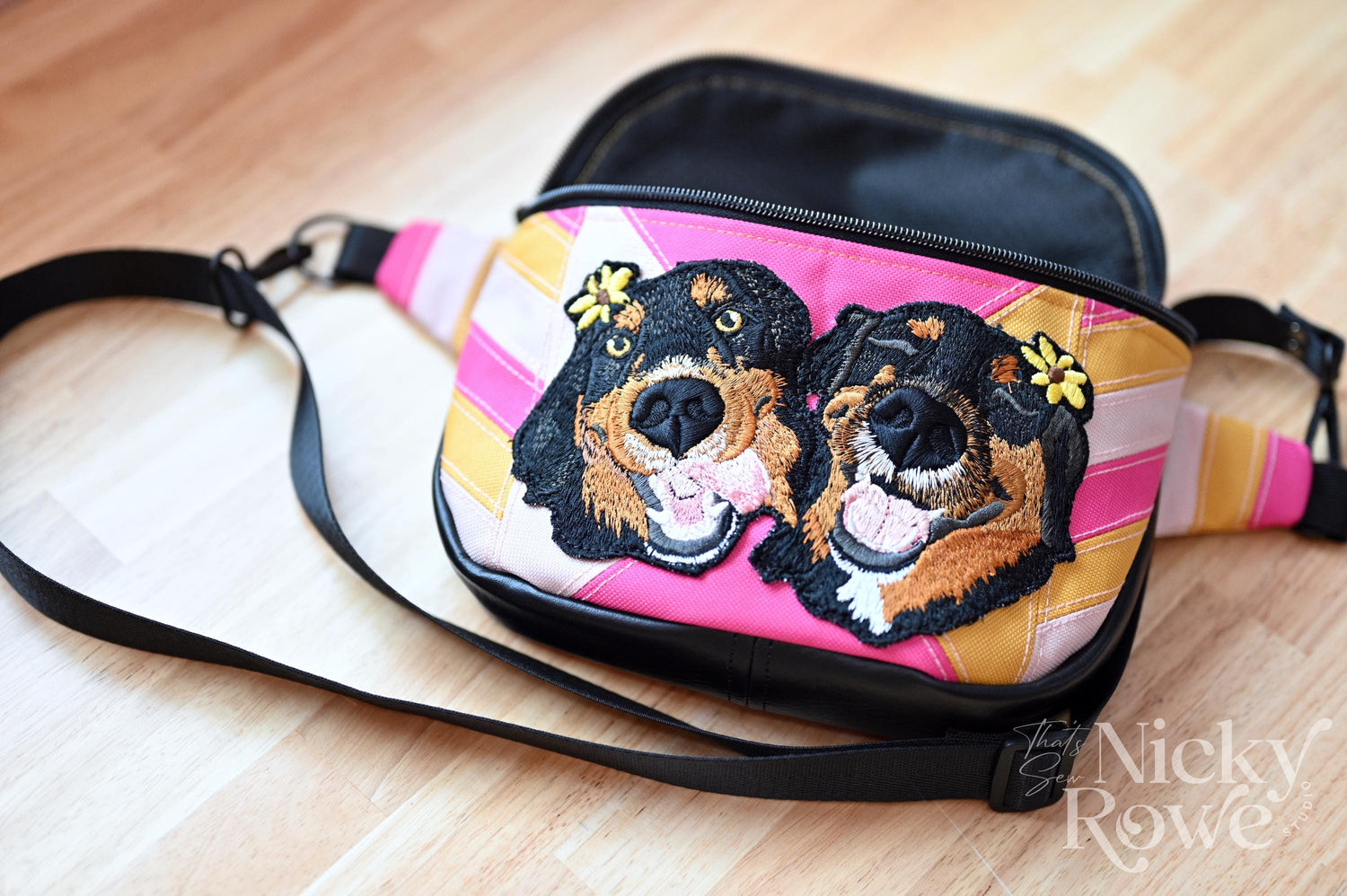 Custom Pet Portrait Crossbody Bag – Embroidered Patchwork Canvas, Retro Colors - HANDMADE, NO AI