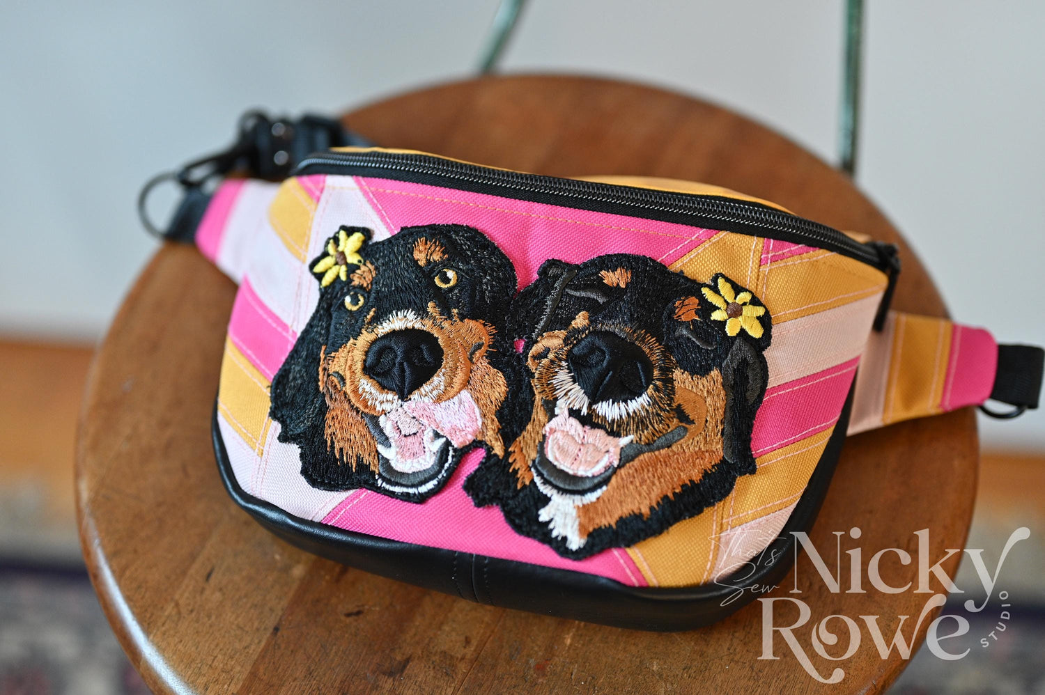 Custom Pet Portrait Crossbody Bag – Embroidered Patchwork Canvas, Retro Colors - HANDMADE, NO AI