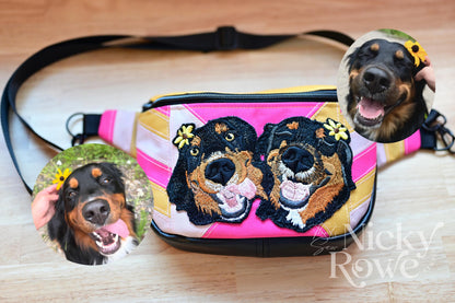 Custom Pet Portrait Crossbody Bag – Embroidered Patchwork Canvas, Retro Colors - HANDMADE, NO AI