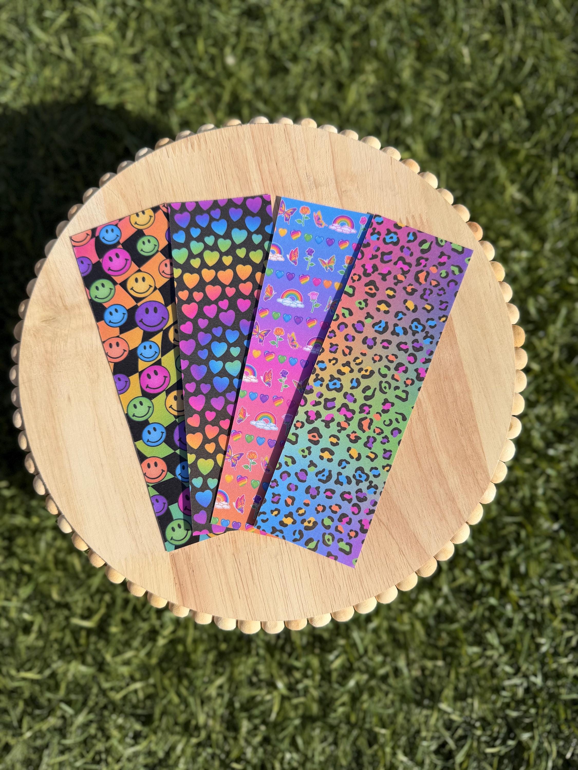 90s Nostalgia Bookmark Bundle | Rainbow Hearts, Smiley Faces &amp; Leopard Prints | Laminated | Individual or Set | Pastel Y2K Reading Gift