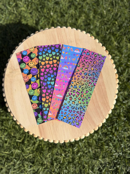 90s Nostalgia Bookmark Bundle | Rainbow Hearts, Smiley Faces &amp; Leopard Prints | Laminated | Individual or Set | Pastel Y2K Reading Gift