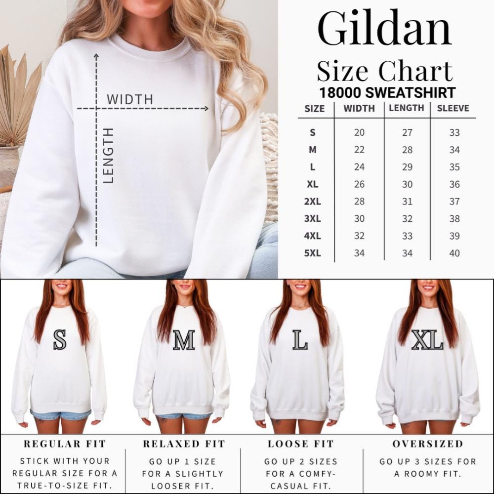 Gildan size chart sweatshirt 18000 unisex crewneck, sizing guide for custom apparel, fit comparison chart with various measurements