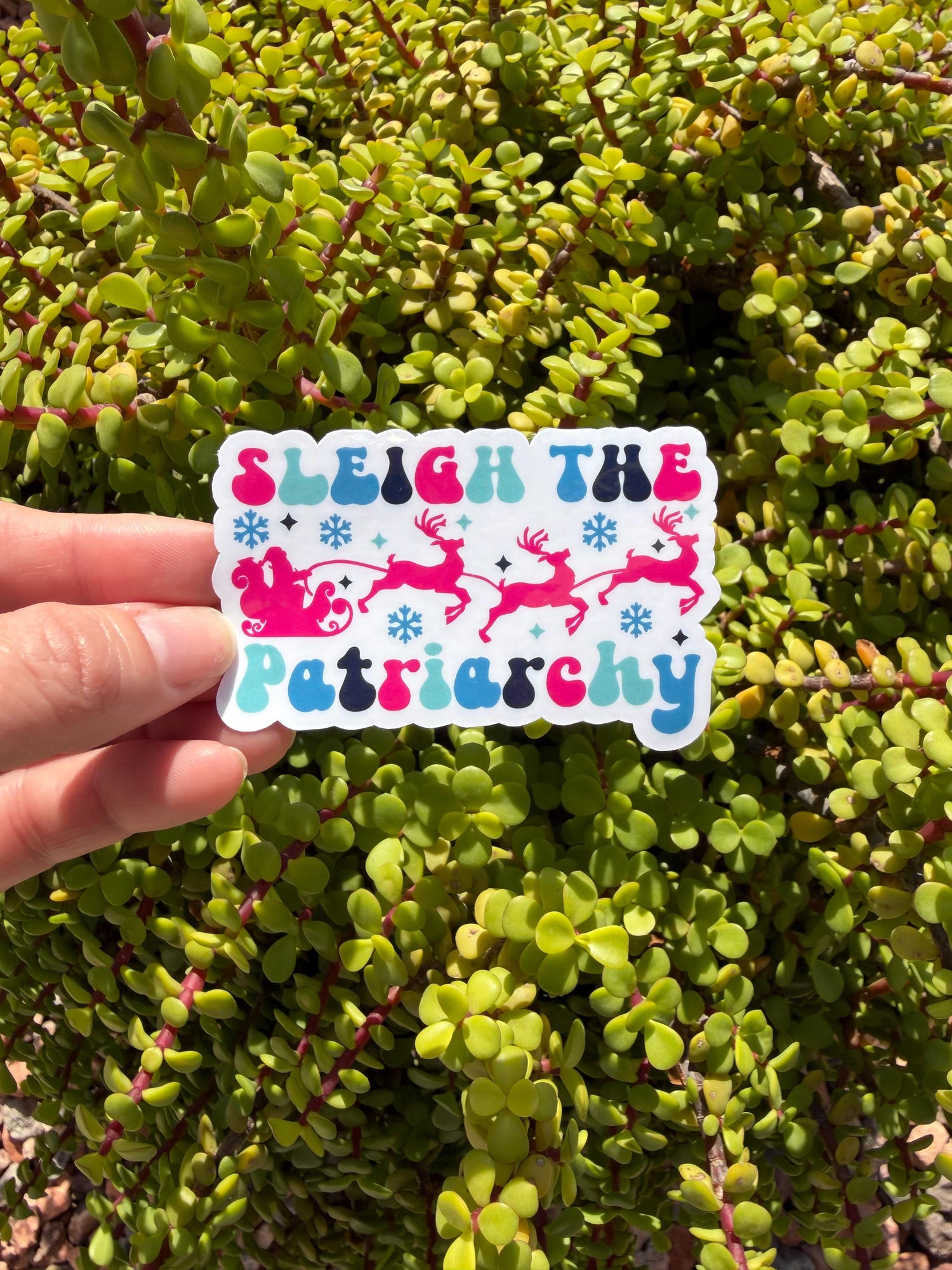 Sleigh the Patriarchy Sticker, Funny Feminist Christmas Decal, Retro Holiday Sticker, Clear or Holographic FinishSleigh the Patriarchy Sticker, Funny Feminist Christmas Decal, Retro Holiday Sticker, Clear or Holographic Finish