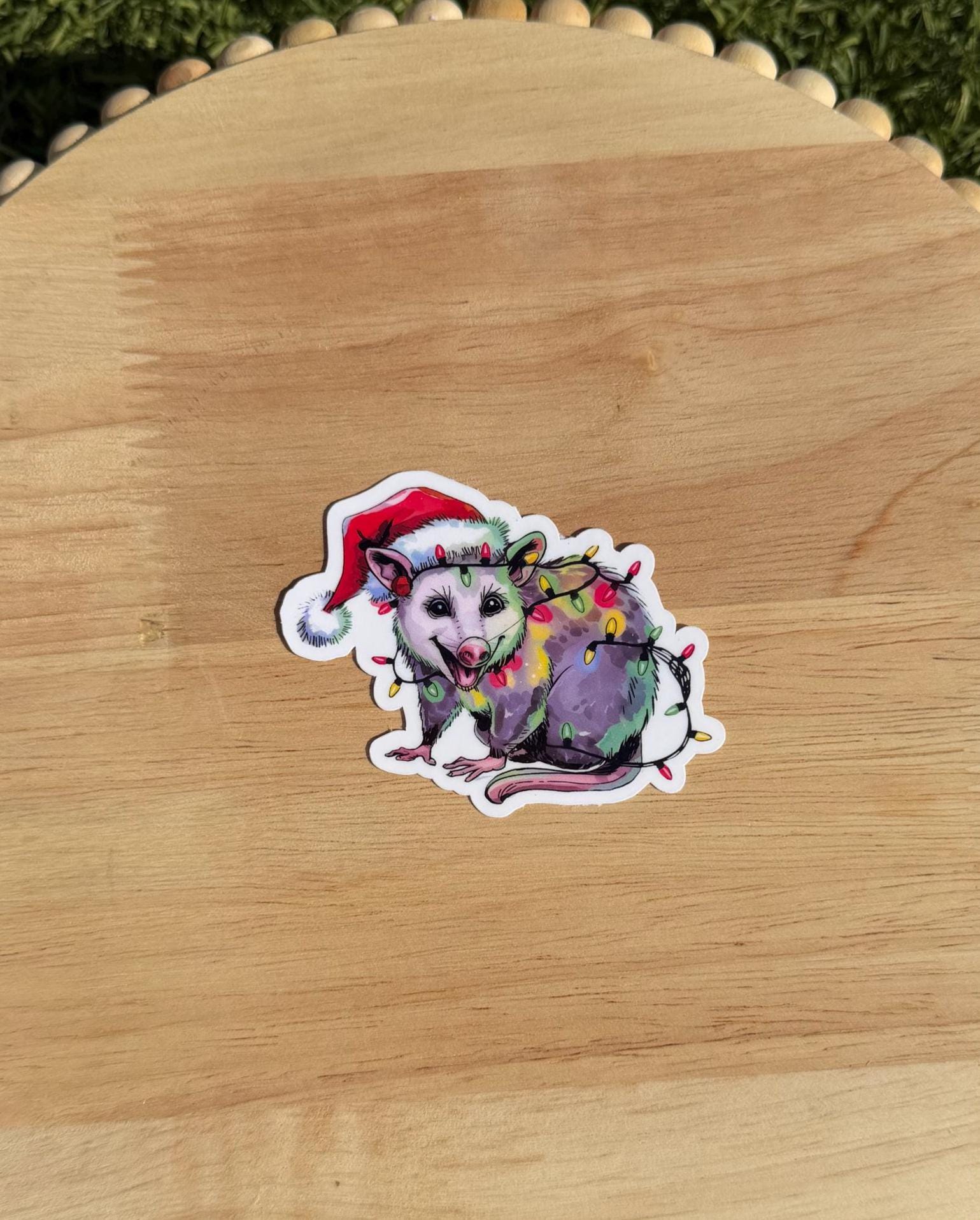 Christmas Opossum Sticker, Funny Possum Holiday Decal, Cute Trash Animal Christmas Gift, Clear or Holographic Finish