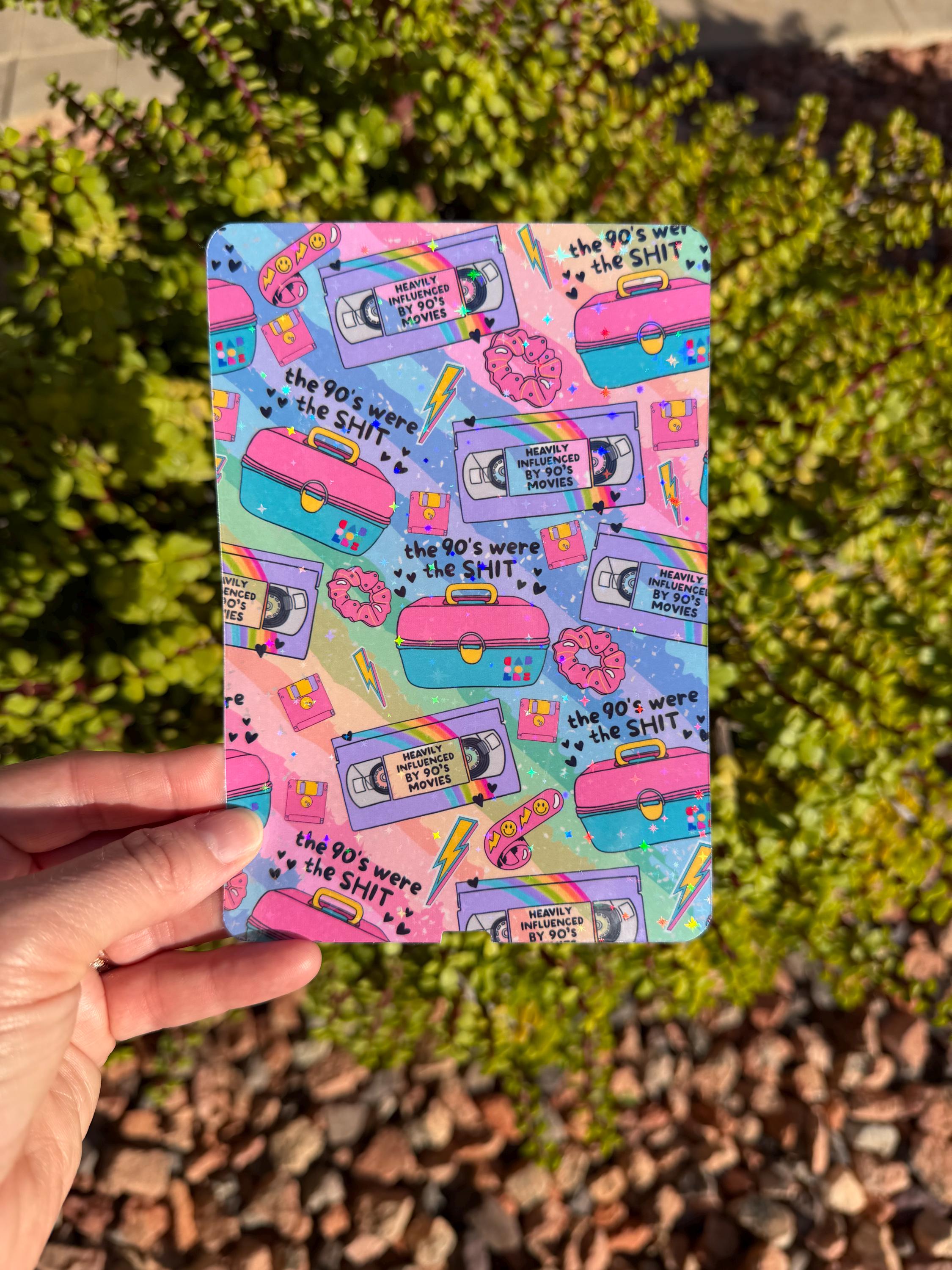 90s Y2K Kindle Insert — Pastel or Neon Pattern | VHS, Makeup Case, Scrunchies | Clear or Holographic Overlay | WaveBerry Co.