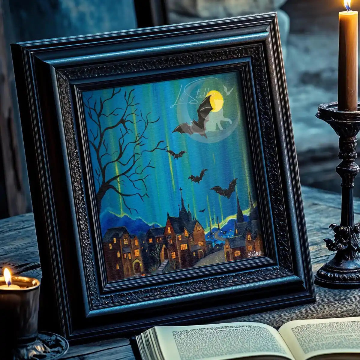 Gothic Starry Night Hand-Painted Art Print: Bats Over Old English Village Acrylic Painting (8x8)
