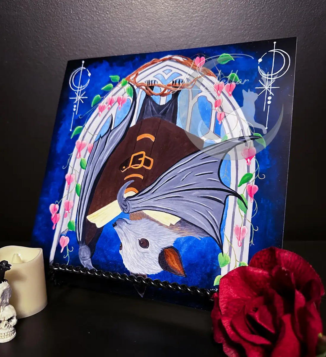 Flying Fox Art Print: Gothic Bat, Dark Academia Decor Acrylic Painting