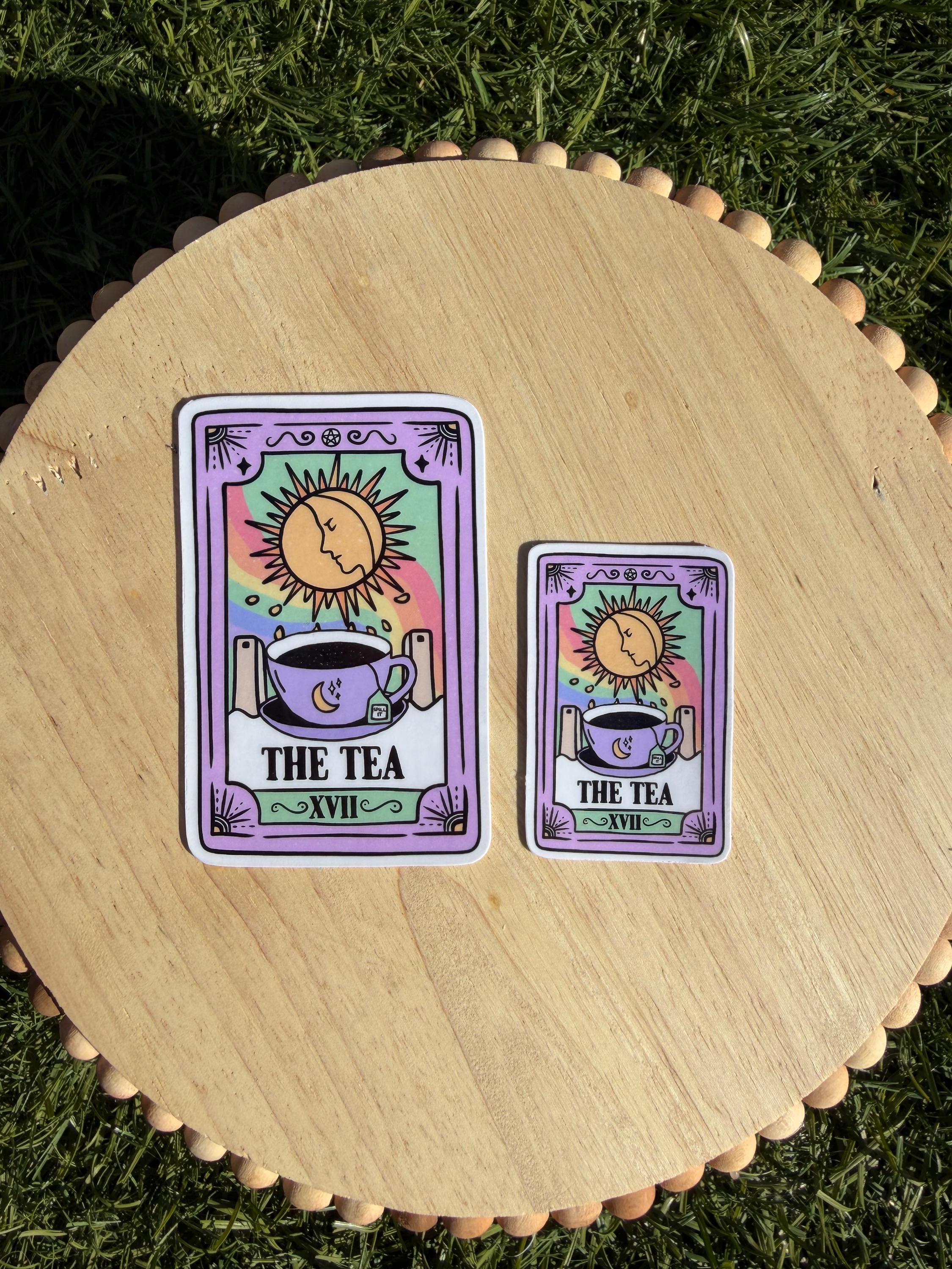 The Tea Tarot Card Sticker, Witchy Tea Reading Vinyl Decal, Gossip Humor Sticker, Clear or Holographic, 2” or 3”