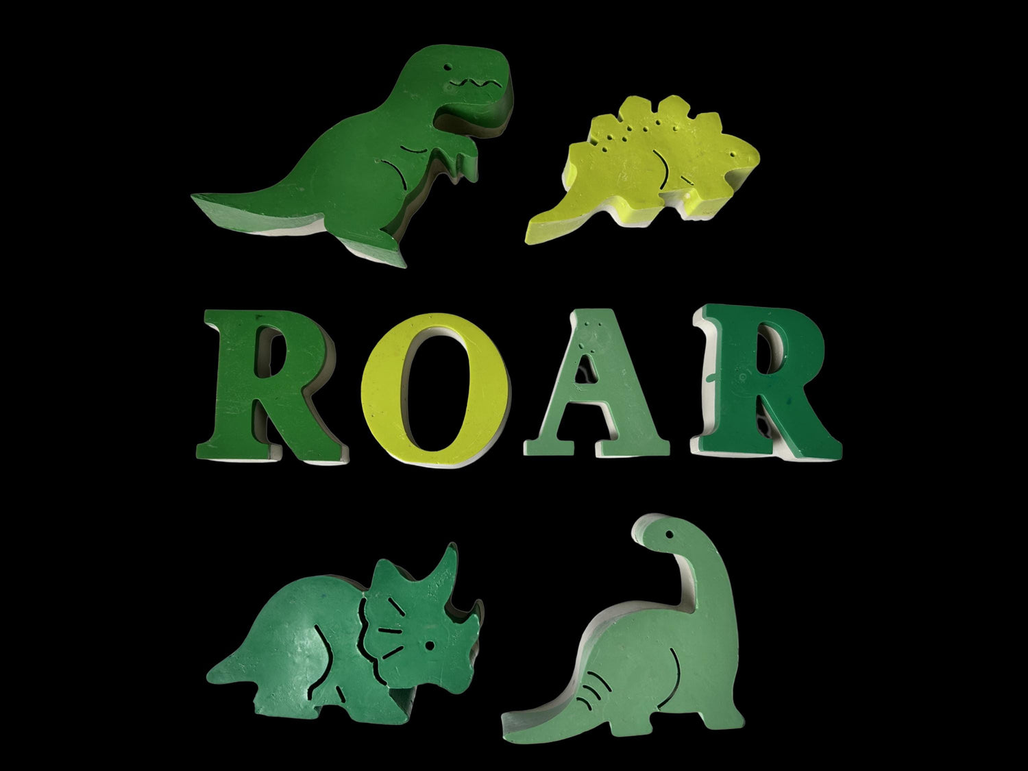 Concrete Dinosaur Decor &amp; ROAR Letters - Unique Kids Room Shelf Decor - Modern Nursery Decorations - Crayon Finish Solid Concrete Dinos