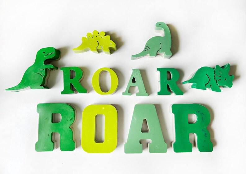 Concrete Dinosaur Decor &amp; ROAR Letters - Unique Kids Room Shelf Decor - Modern Nursery Decorations - Crayon Finish Solid Concrete Dinos