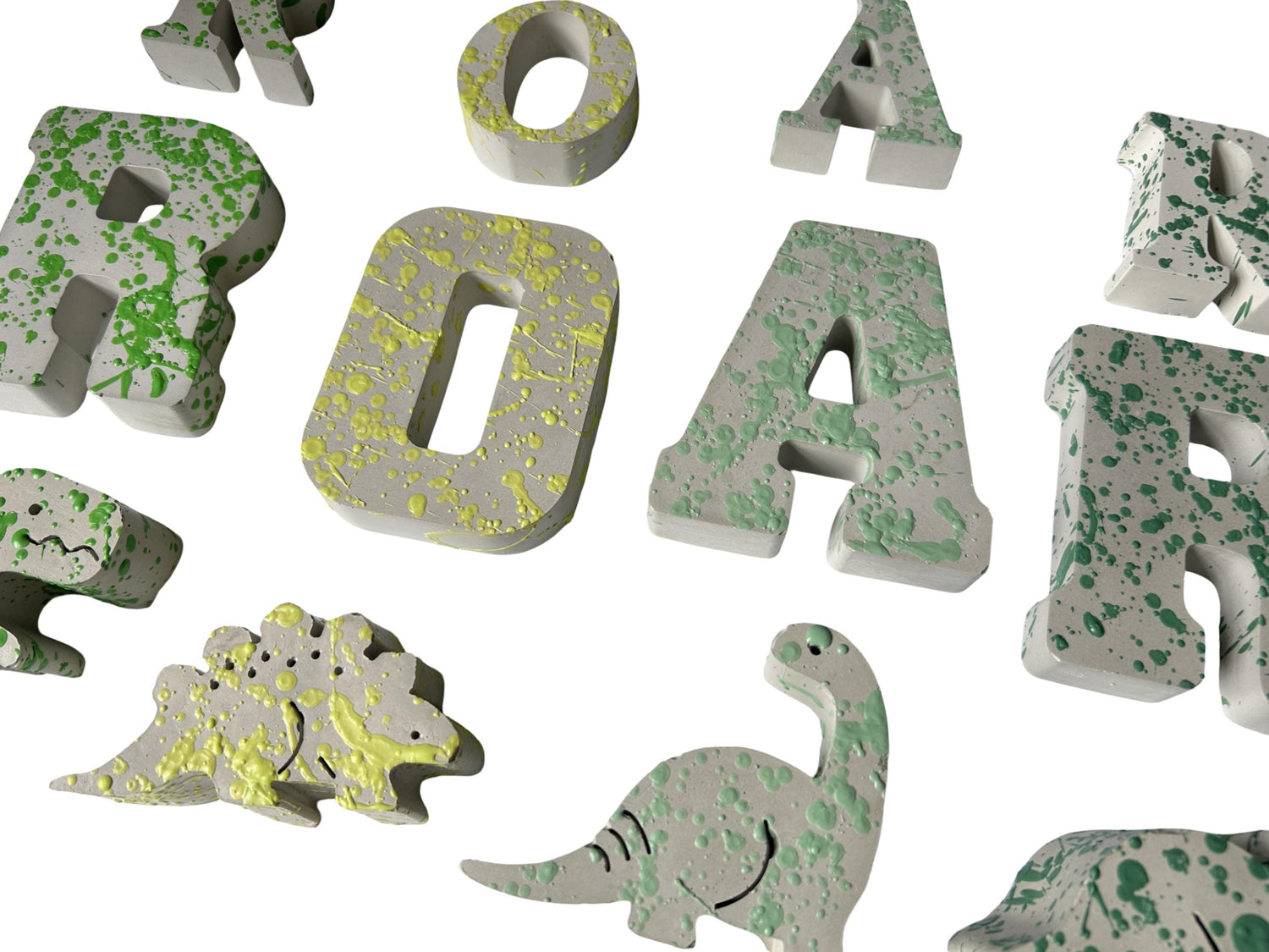 Splattered Concrete Dinosaur Decor &amp; ROAR Letters | Unique Kids Room Shelf Decor | Modern Nursery Art