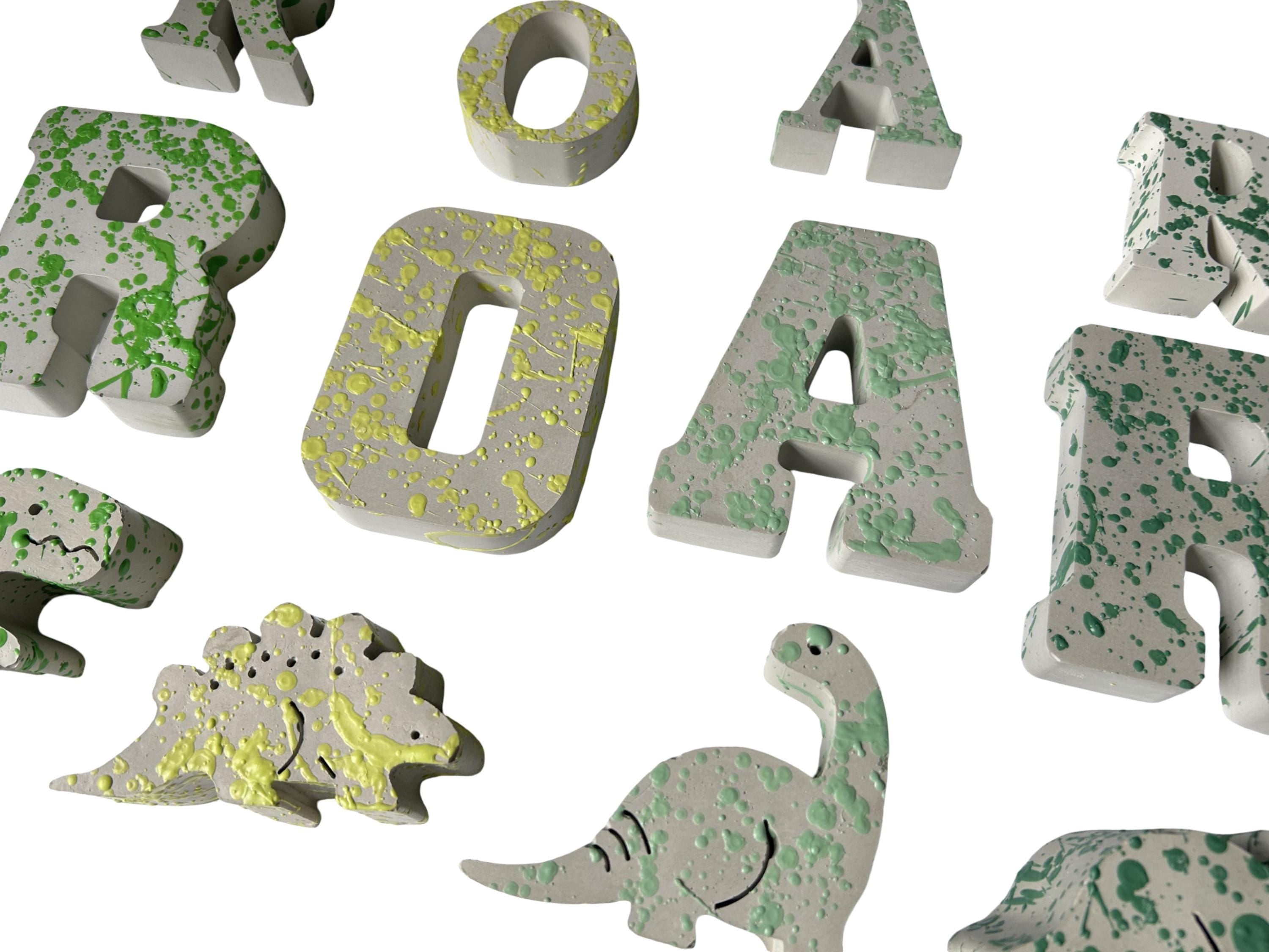 Splattered Concrete Dinosaur Decor &amp; ROAR Letters | Unique Kids Room Shelf Decor | Modern Nursery Art
