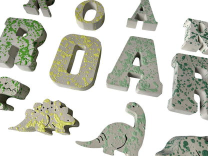 Splattered Concrete Dinosaur Decor &amp; ROAR Letters | Unique Kids Room Shelf Decor | Modern Nursery Art