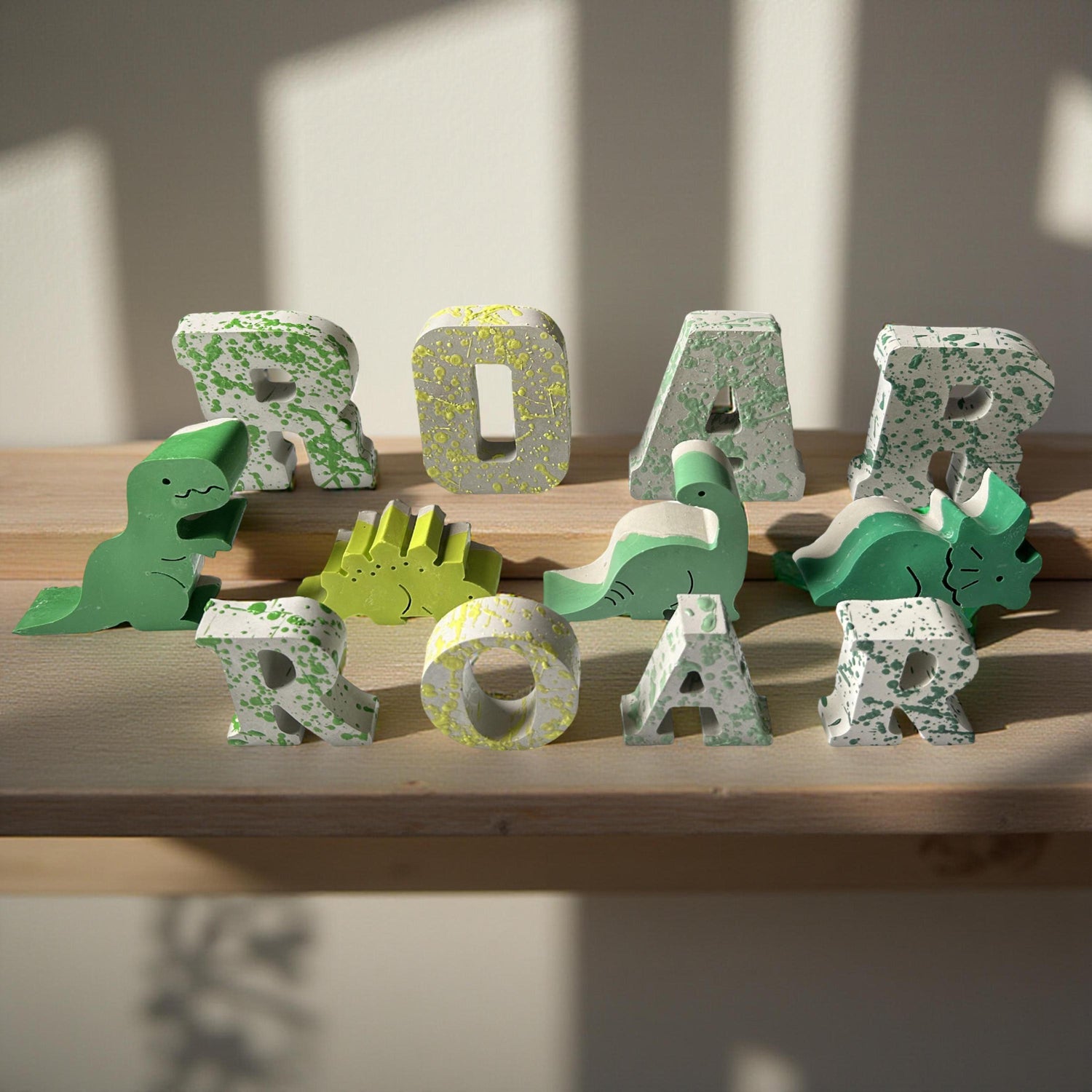 Splattered Concrete Dinosaur Decor &amp; ROAR Letters | Unique Kids Room Shelf Decor | Modern Nursery Art
