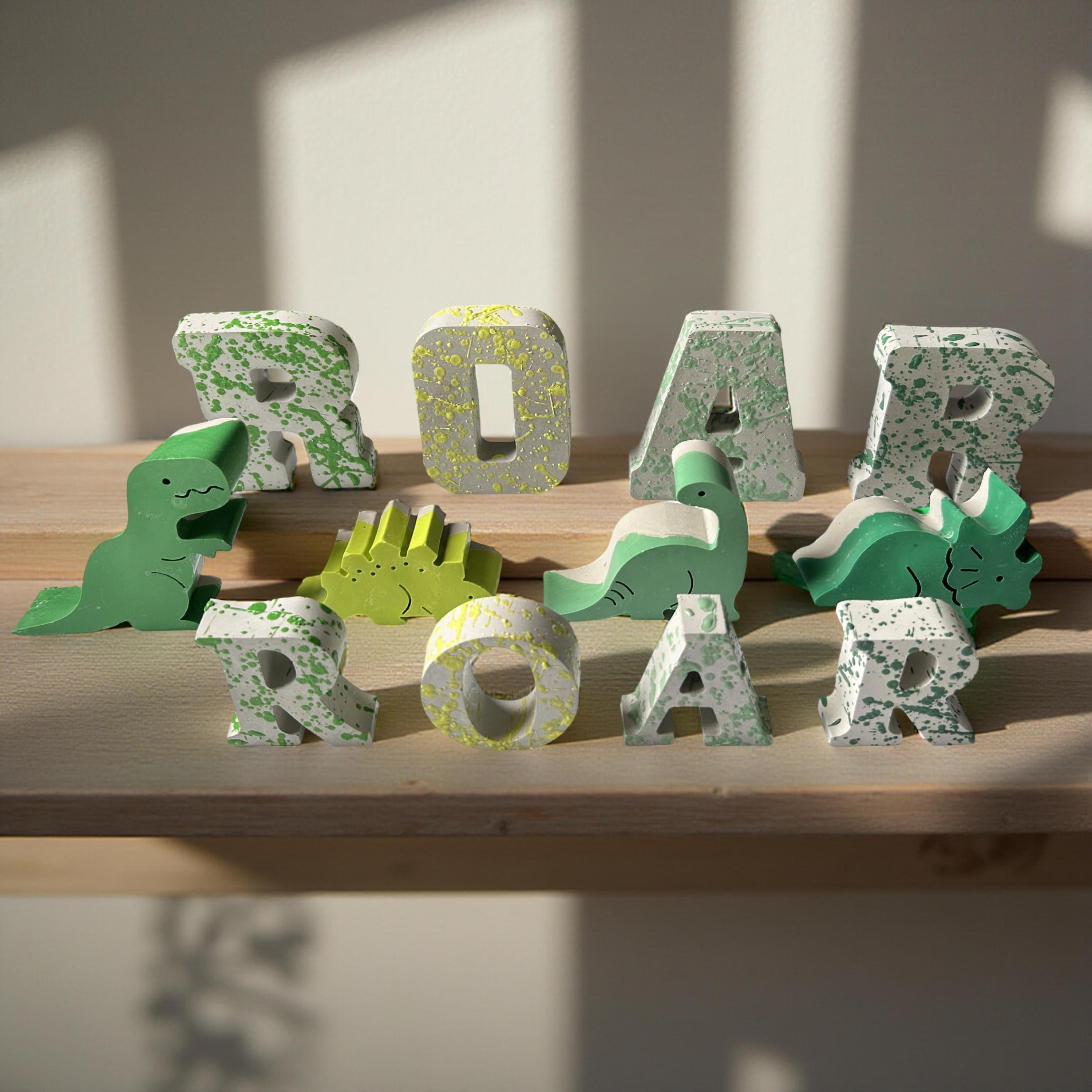 Splattered Concrete Dinosaur Decor &amp; ROAR Letters | Unique Kids Room Shelf Decor | Modern Nursery Art