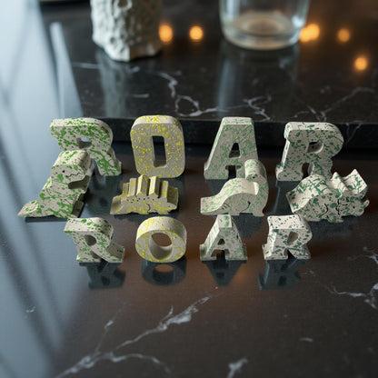 Splattered Concrete Dinosaur Decor &amp; ROAR Letters | Unique Kids Room Shelf Decor | Modern Nursery Art