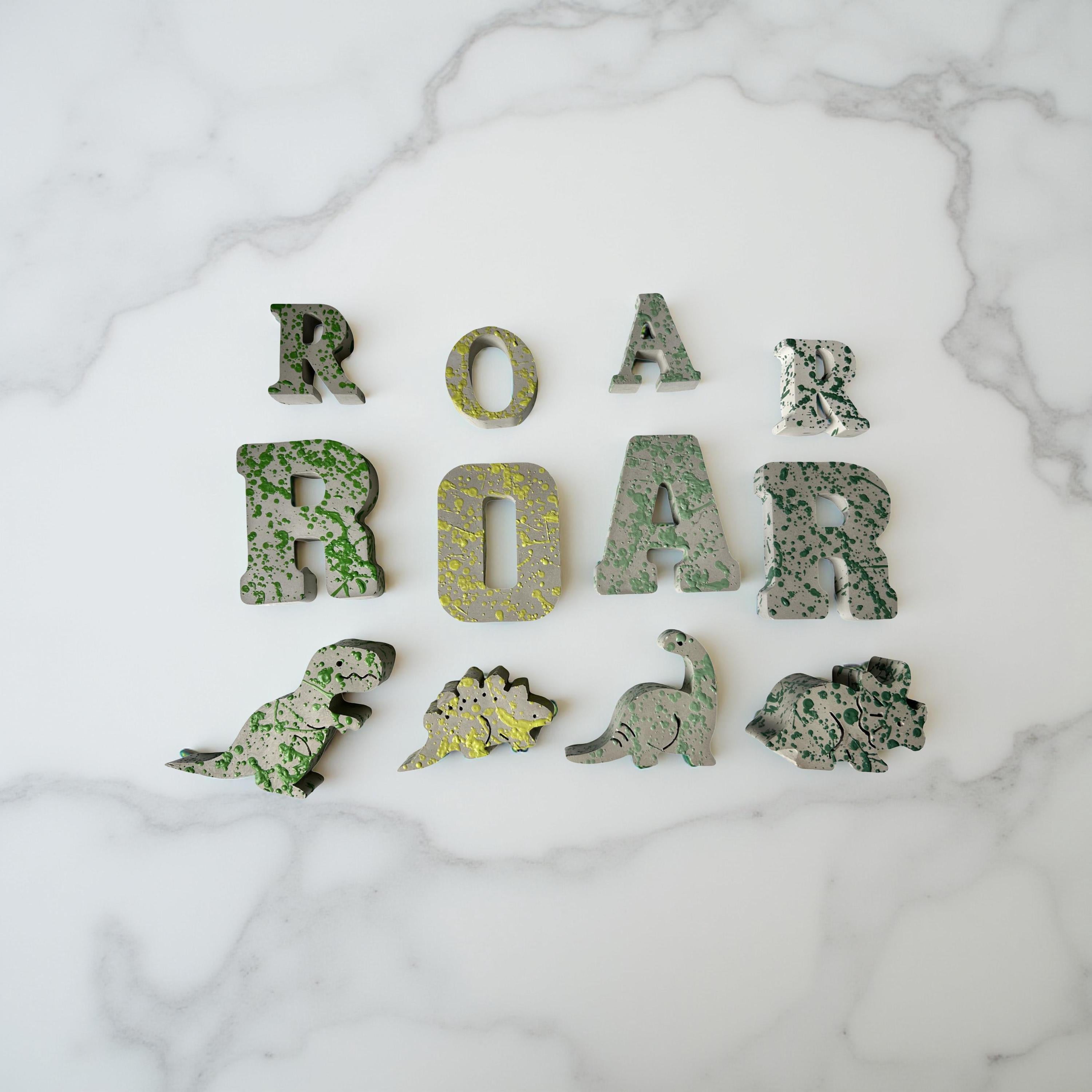 Splattered Concrete Dinosaur Decor &amp; ROAR Letters | Unique Kids Room Shelf Decor | Modern Nursery Art