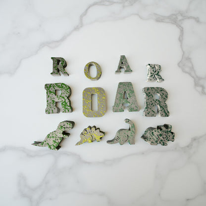 Splattered Concrete Dinosaur Decor &amp; ROAR Letters | Unique Kids Room Shelf Decor | Modern Nursery Art