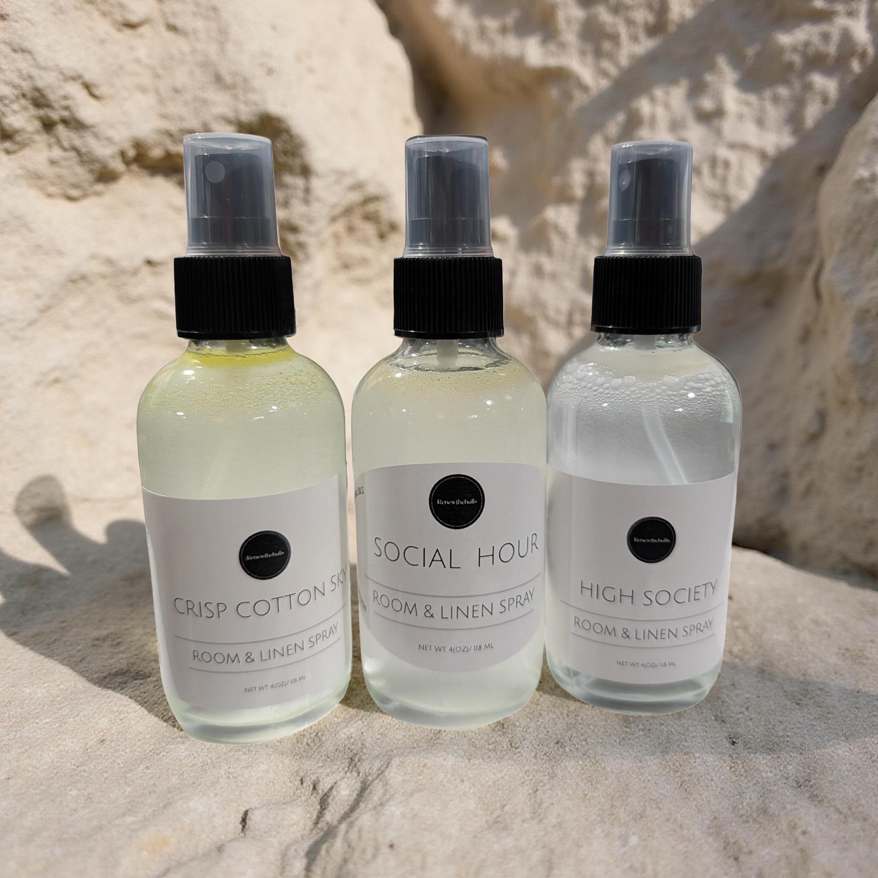 Signature Room &amp; Linen Spray | Designer Inspired Scents | 4oz Glass Bottle Home Fragrance Mist | High Society, Social Hour, Crisp Cotton