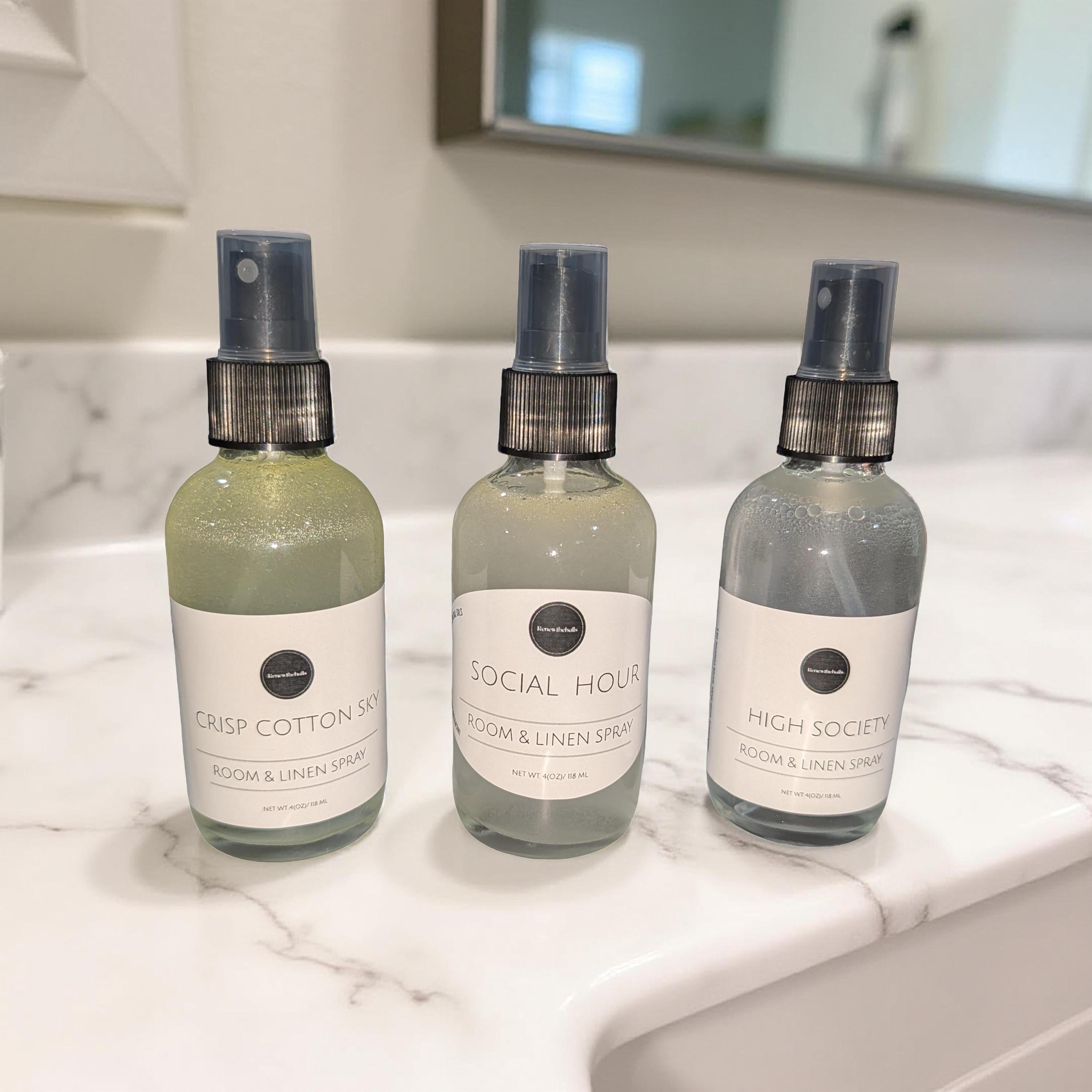 Signature Room &amp; Linen Spray | Designer Inspired Scents | 4oz Glass Bottle Home Fragrance Mist | High Society, Social Hour, Crisp Cotton
