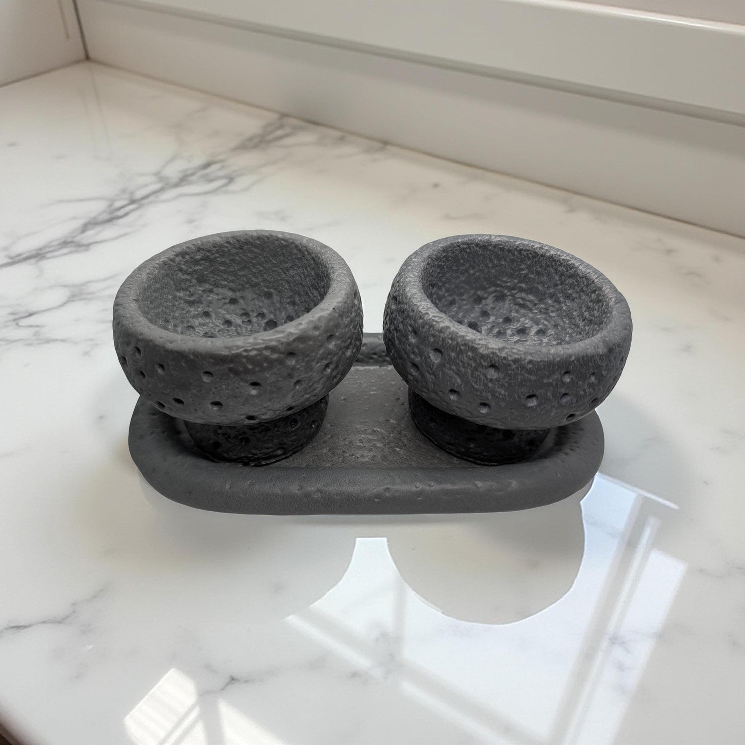 Modern Brutalist Lunar Stone Vessel &amp; Tray Set | Concrete Succulent Planter, Decorative Storage Jar, Catchall Tray | Housewarming Gift |