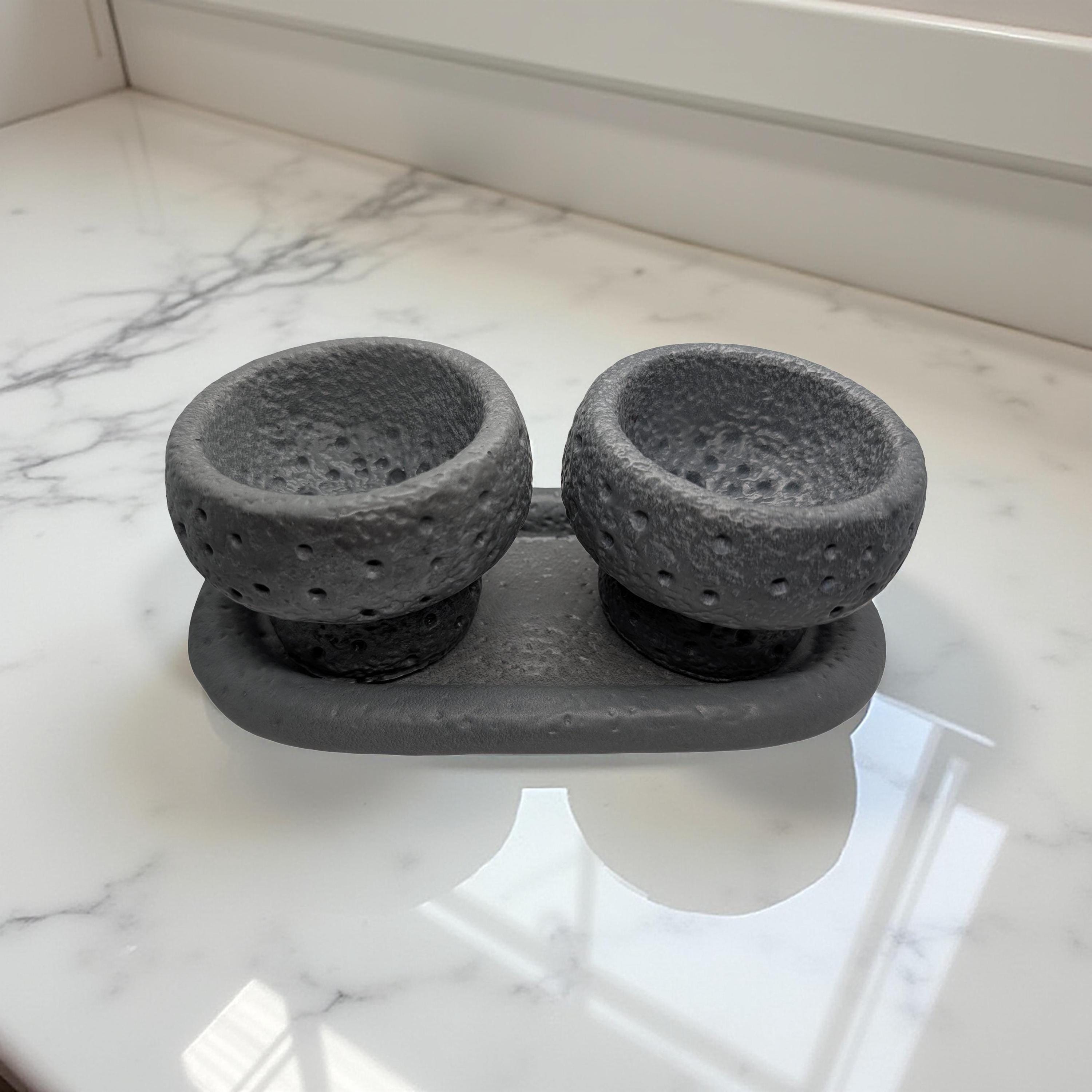 Modern Brutalist Lunar Stone Vessel &amp; Tray Set | Concrete Succulent Planter, Decorative Storage Jar, Catchall Tray | Housewarming Gift |