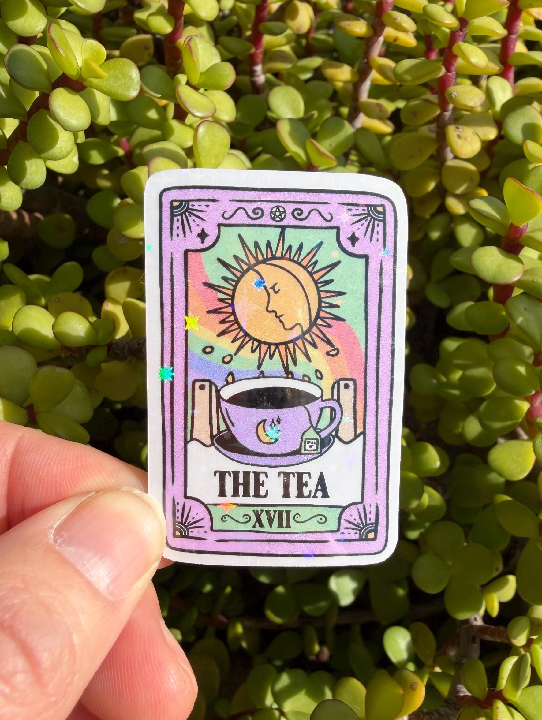 The Tea Tarot Card Sticker, Witchy Tea Reading Vinyl Decal, Gossip Humor Sticker, Clear or Holographic, 2” or 3”