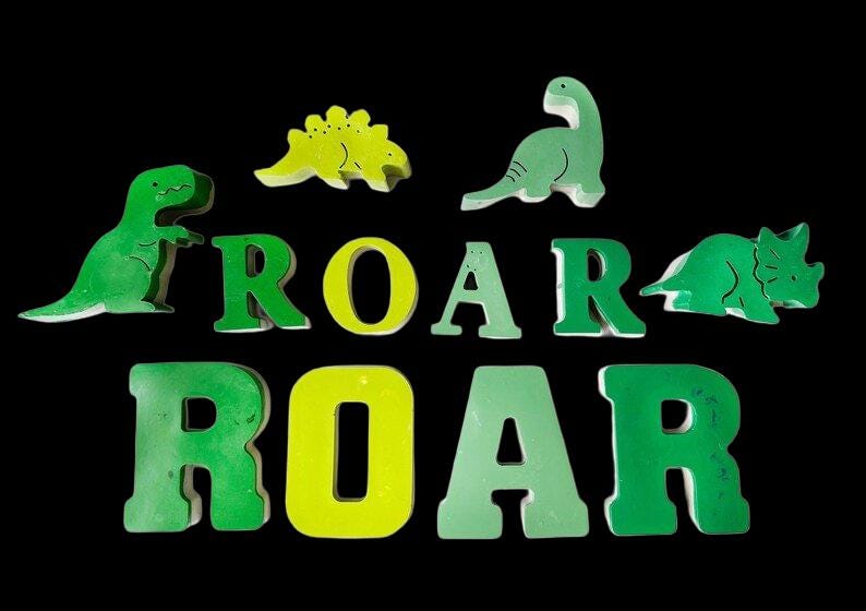 Concrete Dinosaur Decor &amp; ROAR Letters - Unique Kids Room Shelf Decor - Modern Nursery Decorations - Crayon Finish Solid Concrete Dinos