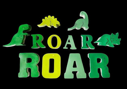 Concrete Dinosaur Decor &amp; ROAR Letters - Unique Kids Room Shelf Decor - Modern Nursery Decorations - Crayon Finish Solid Concrete Dinos