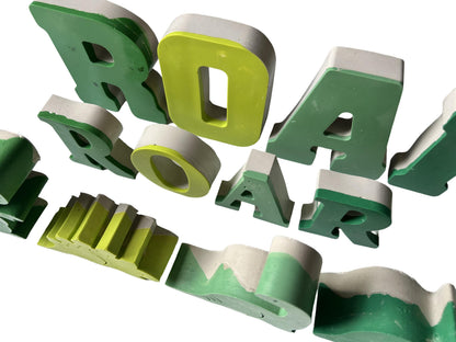 Concrete Dinosaur Decor &amp; ROAR Letters - Unique Kids Room Shelf Decor - Modern Nursery Decorations - Crayon Finish Solid Concrete Dinos