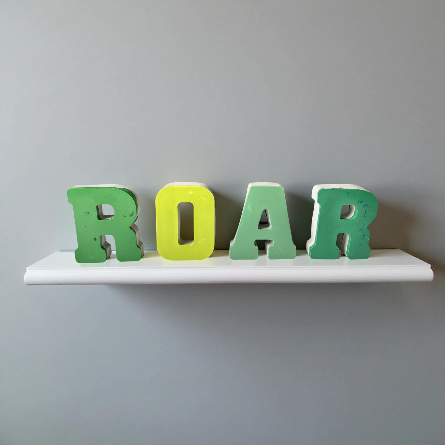 Concrete Dinosaur Decor &amp; ROAR Letters - Unique Kids Room Shelf Decor - Modern Nursery Decorations - Crayon Finish Solid Concrete Dinos