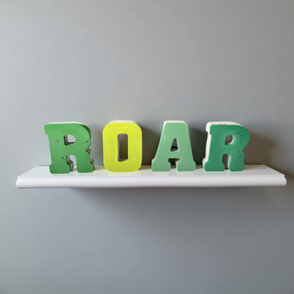 Concrete Dinosaur Decor &amp; ROAR Letters - Unique Kids Room Shelf Decor - Modern Nursery Decorations - Crayon Finish Solid Concrete Dinos