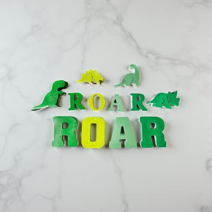 Concrete Dinosaur Decor &amp; ROAR Letters - Unique Kids Room Shelf Decor - Modern Nursery Decorations - Crayon Finish Solid Concrete Dinos