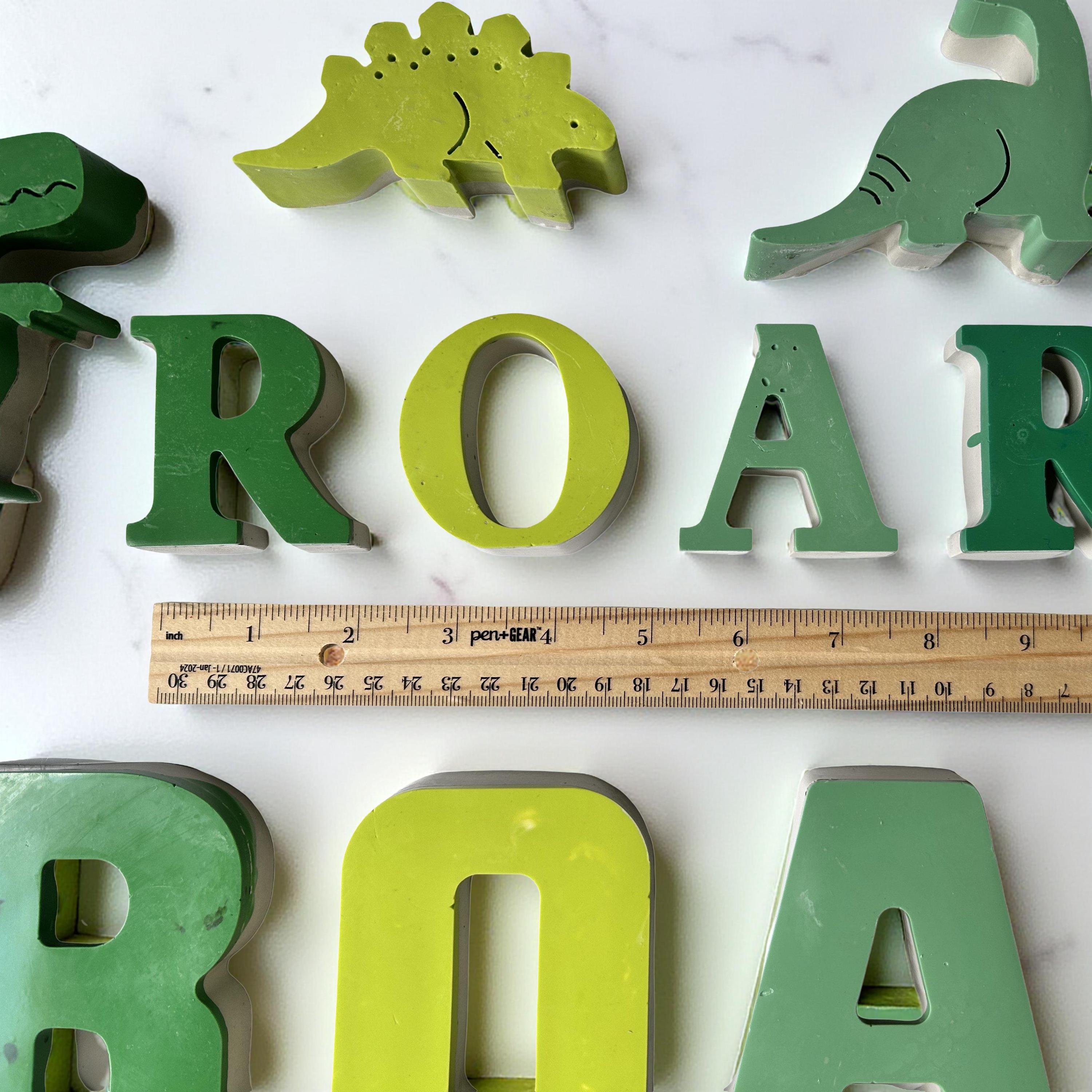 Concrete Dinosaur Decor &amp; ROAR Letters - Unique Kids Room Shelf Decor - Modern Nursery Decorations - Crayon Finish Solid Concrete Dinos