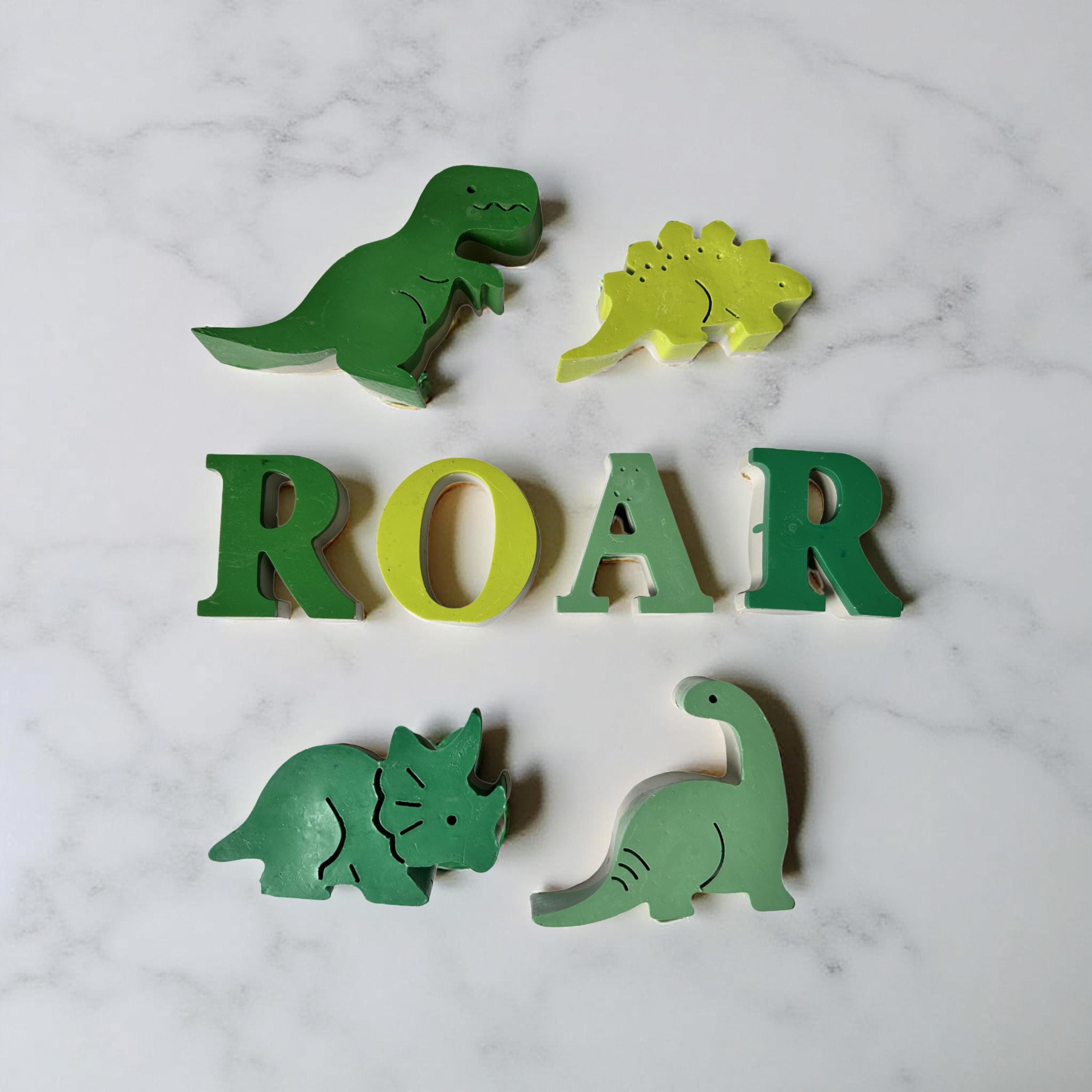 Concrete Dinosaur Decor &amp; ROAR Letters - Unique Kids Room Shelf Decor - Modern Nursery Decorations - Crayon Finish Solid Concrete Dinos