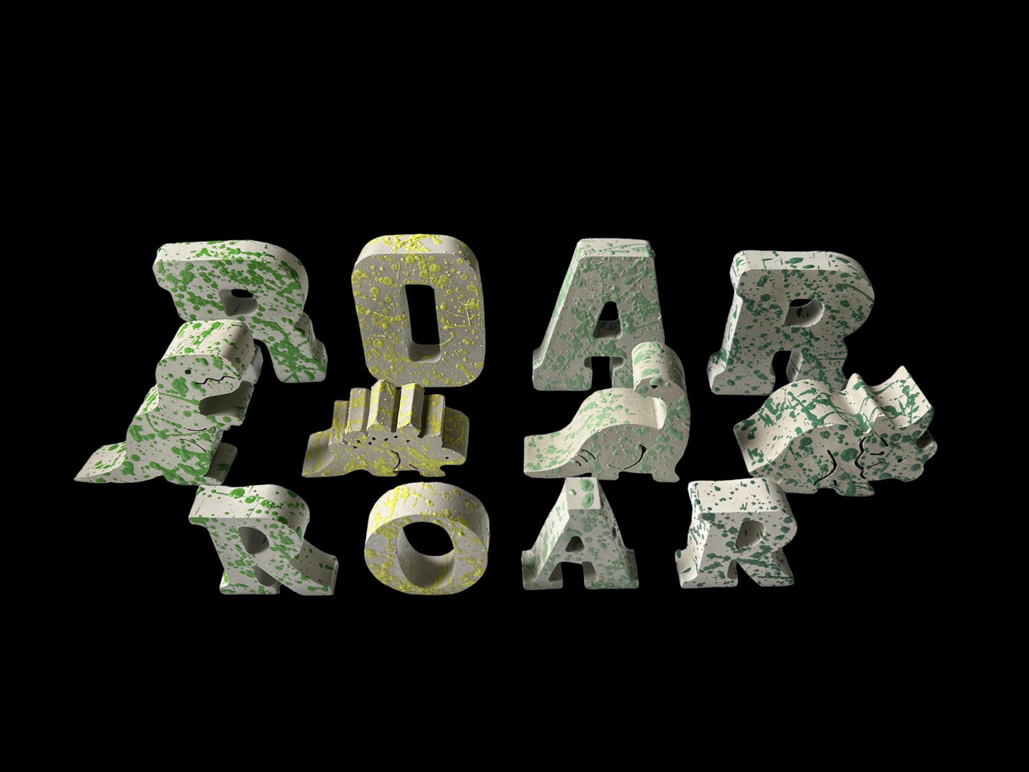 Splattered Concrete Dinosaur Decor &amp; ROAR Letters | Unique Kids Room Shelf Decor | Modern Nursery Art